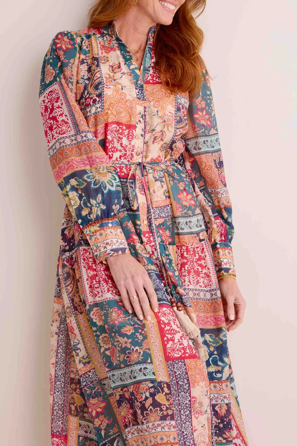 Patchwork Print Tie-Waist Maxi Dress