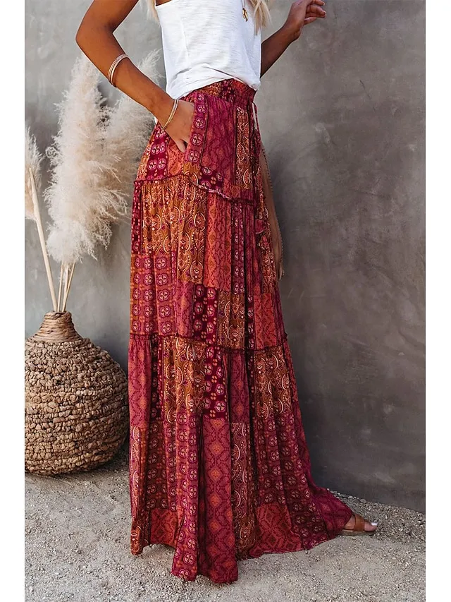 Women's Skirt Swing Long Skirt Maxi Red Blue Purple Orange Skirts Spring & Fall Ruffle Print Fashion coastal grandma style Boho Holiday Casual Daily S M L