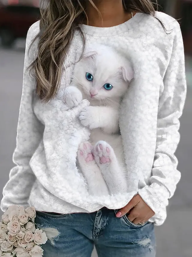 Women's Sweatshirt Pullover Cat Sports Basic White Street Casual Round Neck Long Sleeve Top Micro-elastic Fall & Winter