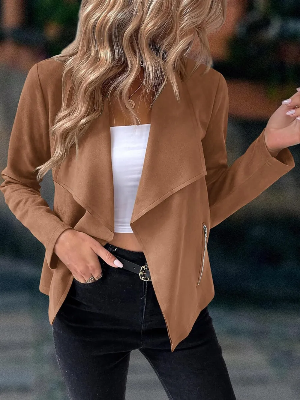 Women's Faux Suede Jackets 2023 Fall Clothes Long Sleeve Open Front Cropped Coat Outwear