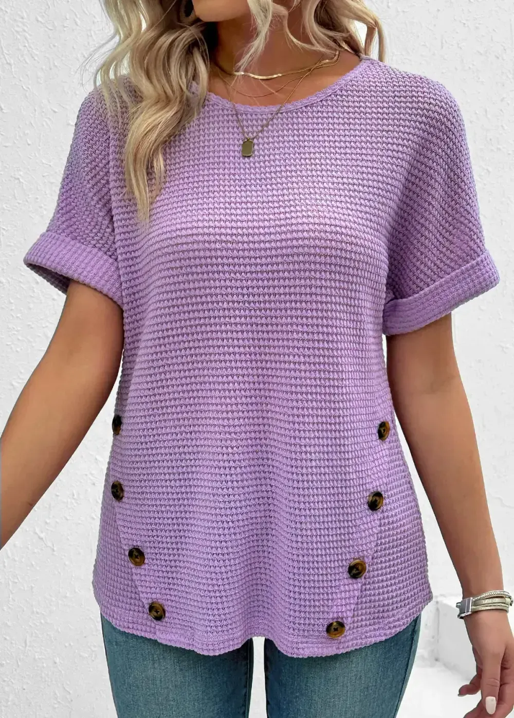 Light Purple Button Short Sleeve Round Neck T Shirt