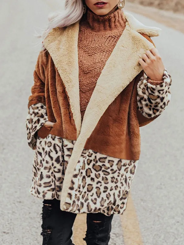 Casual Leopard-Painted Lapel Plush Thermal Long-Sleeve Coat