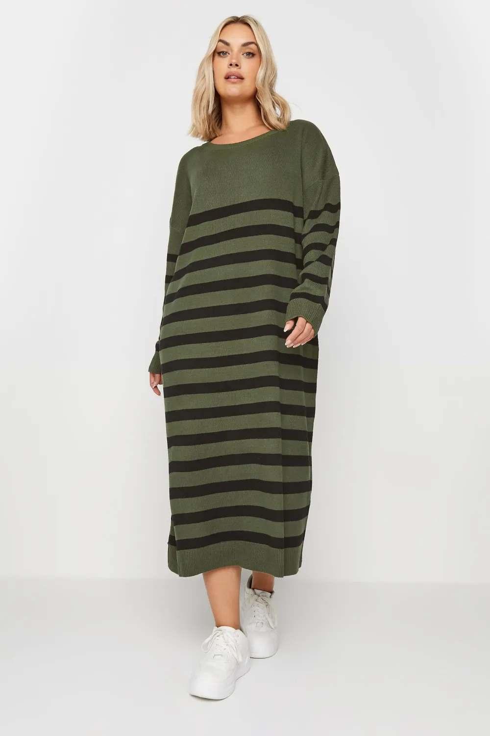 YOURS Curve Khaki Green Stripe Knitted Jumper Dress