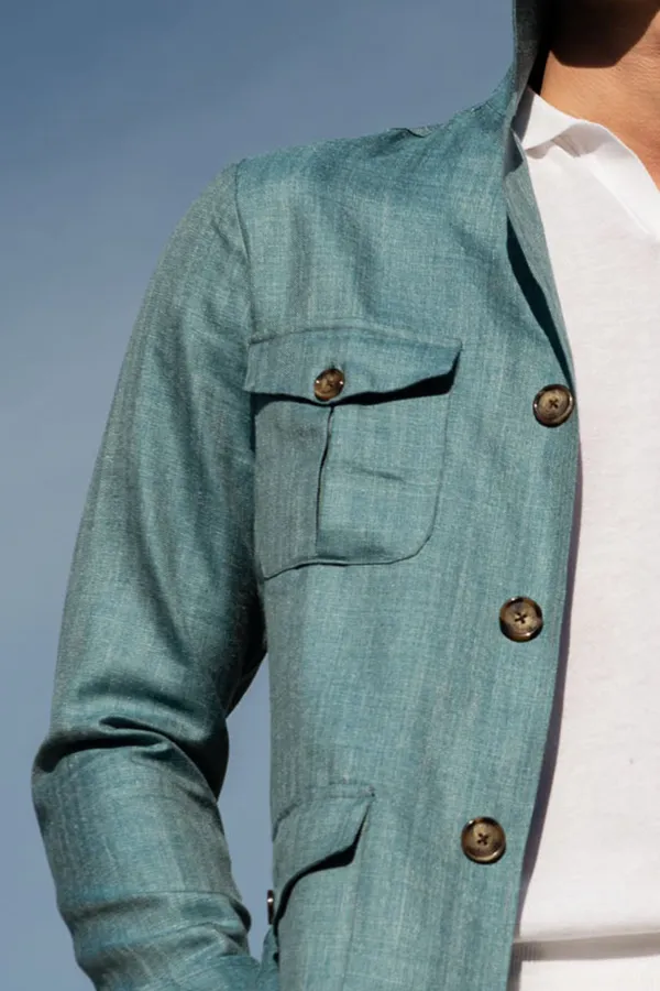 Water green Safari Jacket in  wool silk and linen