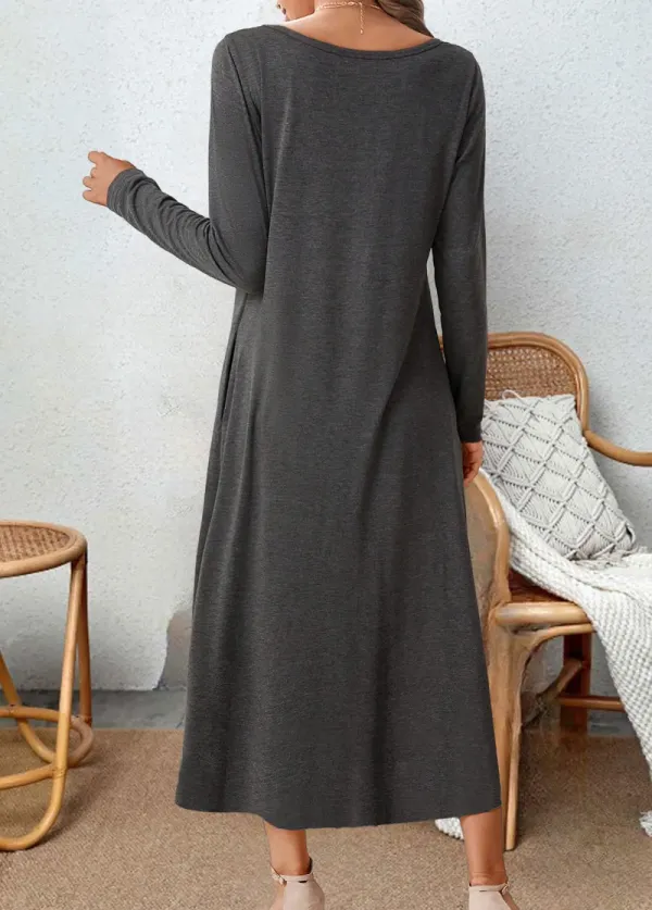 Dark Grey Asymmetry Leopard A Line Long Sleeve Dress