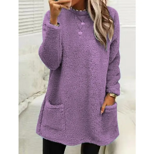 Women's Sweatshirt Pullover Sherpa Fleece Teddy Pocket Marron Black Blue Solid Color Street Casual Round Neck Long Sleeve Fleece S M L XL 2XL 3XL