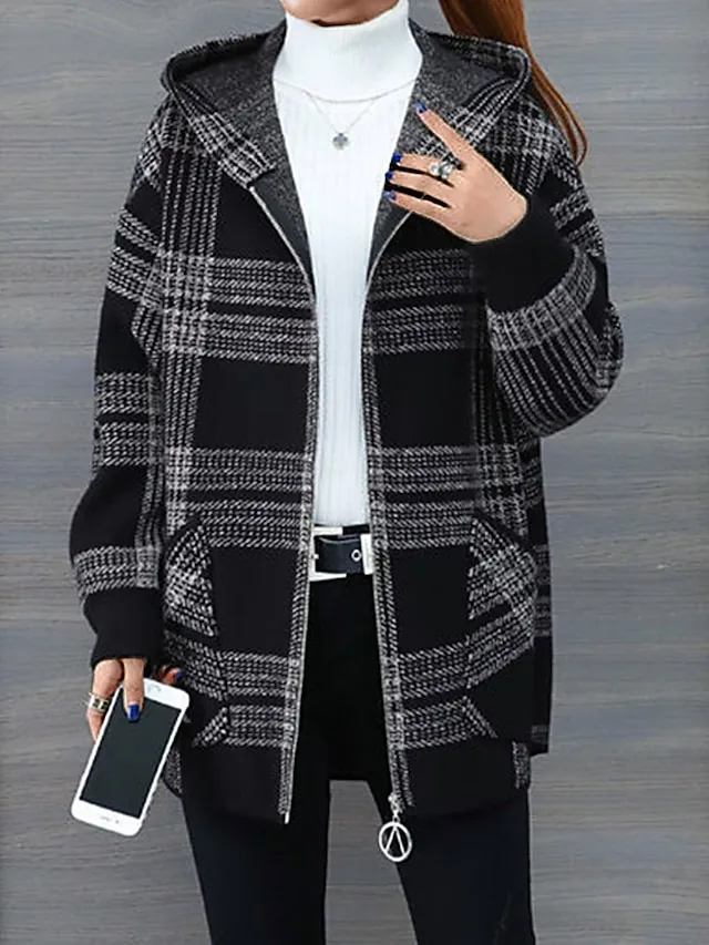 Women's Hoodie Jacket Fall Zip up Sweatshirt Plaid Print Winter Cropped Coat Windproof Warm Casual Jacket Long Sleeve Plaid with Pockets Black