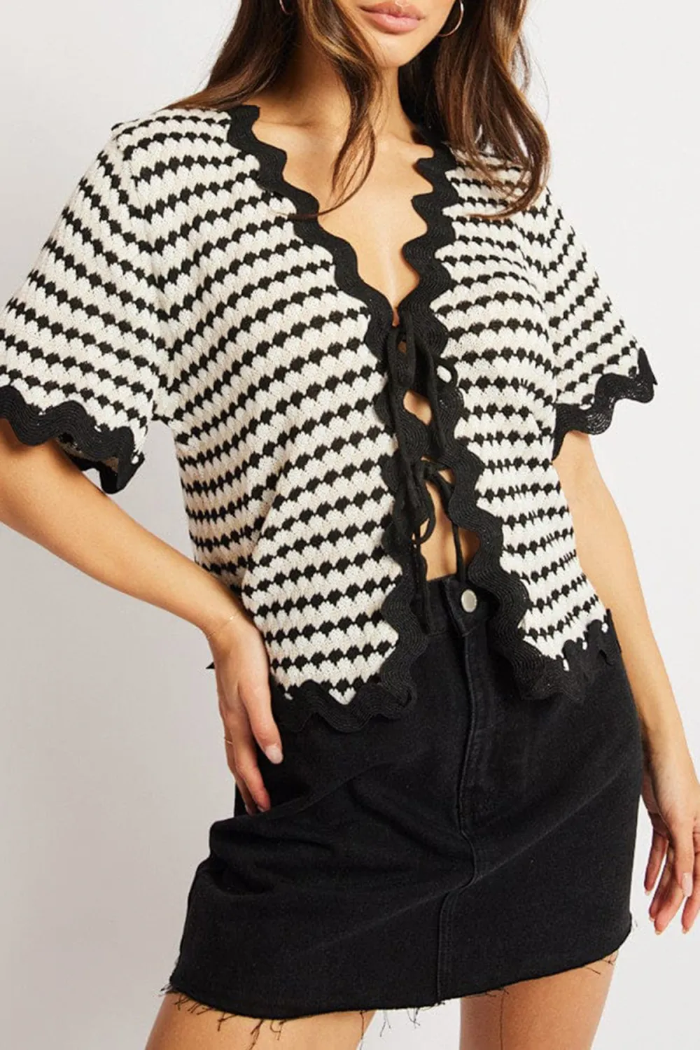 Multi Stripe Knit Cardigan Short Sleeve Tie Up
