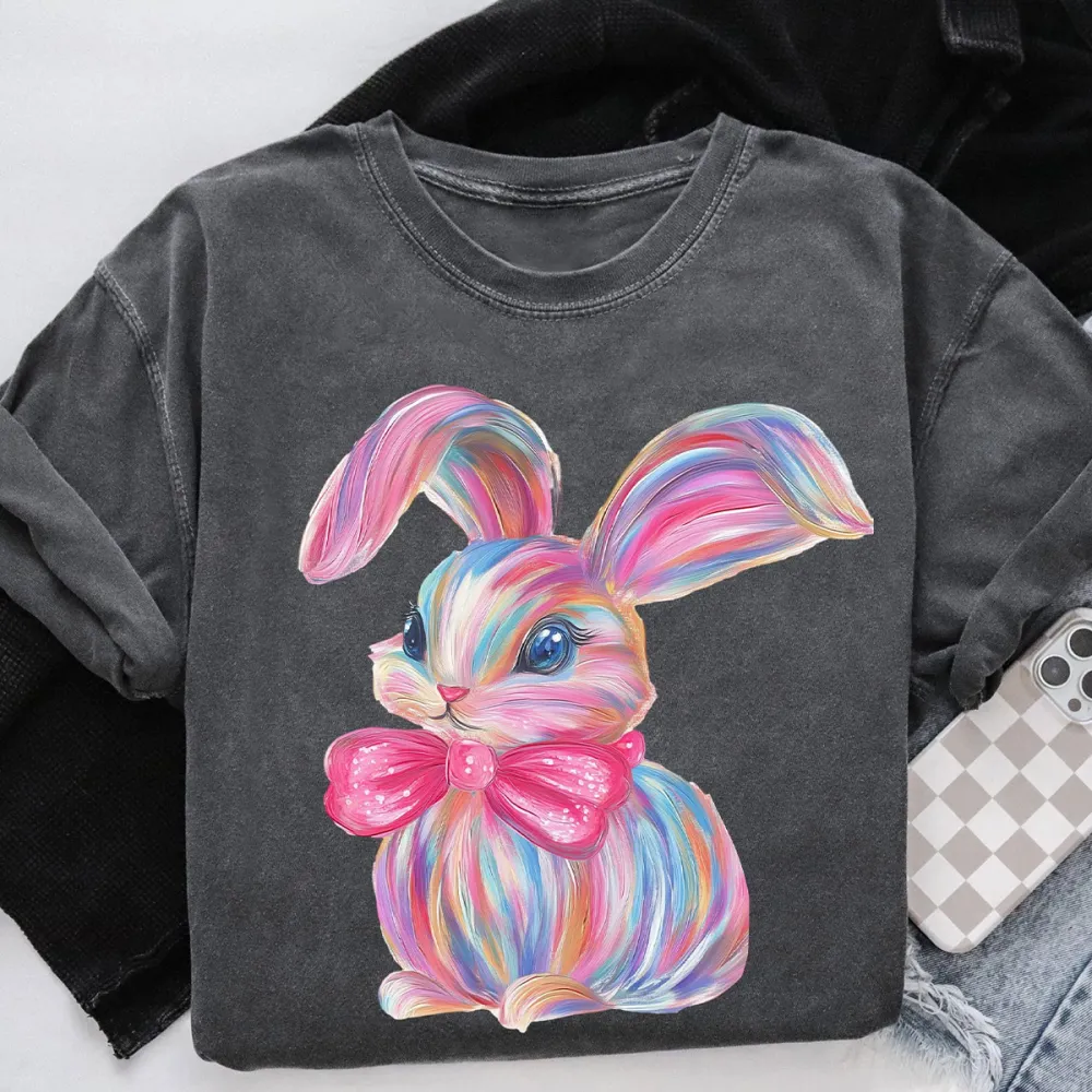 Easter Colorful Bunny Printed Round Neck Short Sleeve T-Shirt
