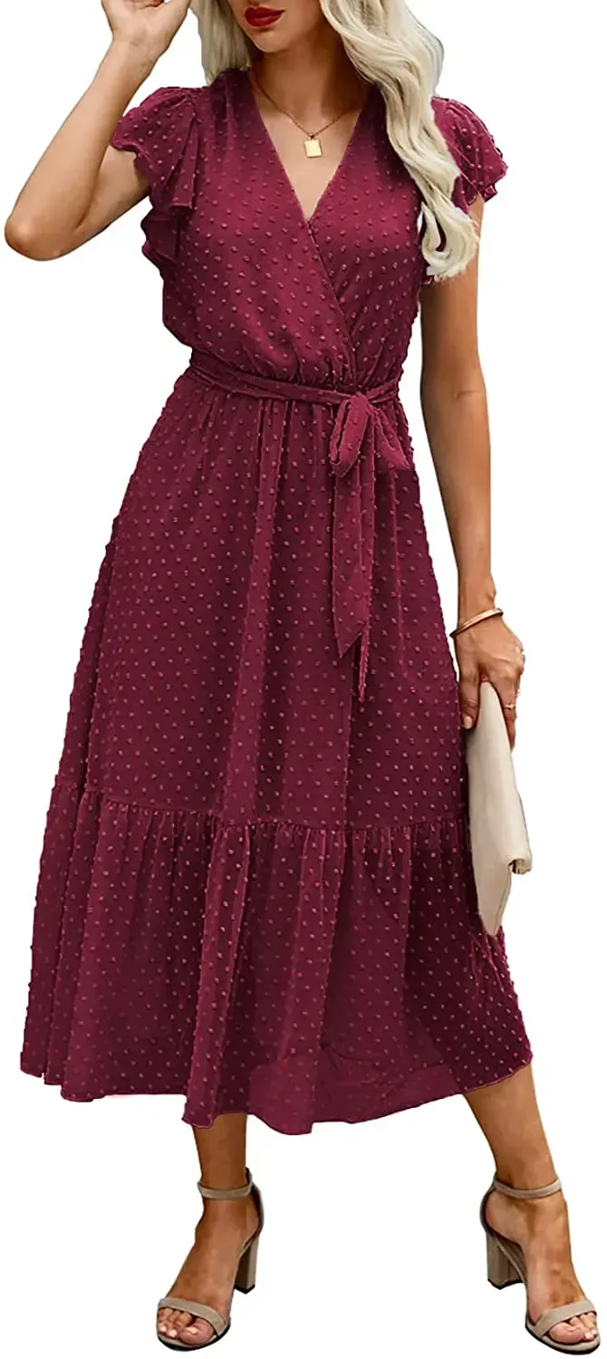 Women Summer Bohemian Floral Casual Wrap V Neck Ruffle Cap Sleeveless Belt A-Line Pleated Hem Swing Midi Sun Dress