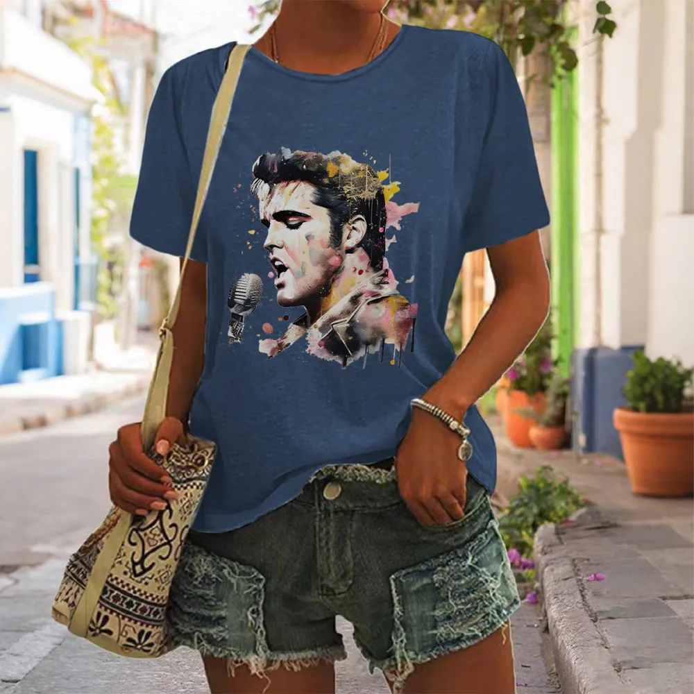 Women's The King Sing Print Short Sleeve Round Neck Cotton T-Shirt