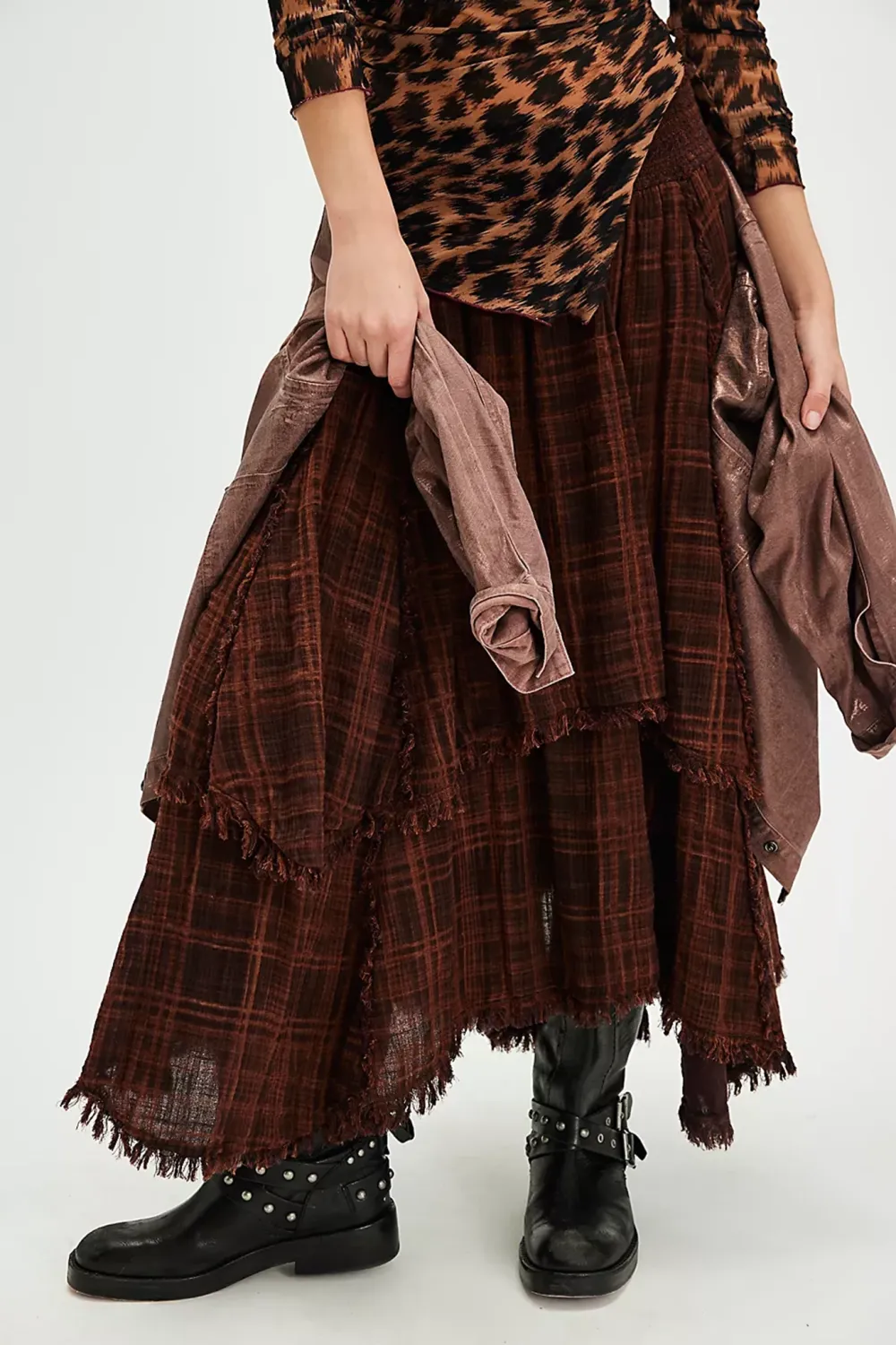 Plaid Patchwork Asymmetric Midi Skirt