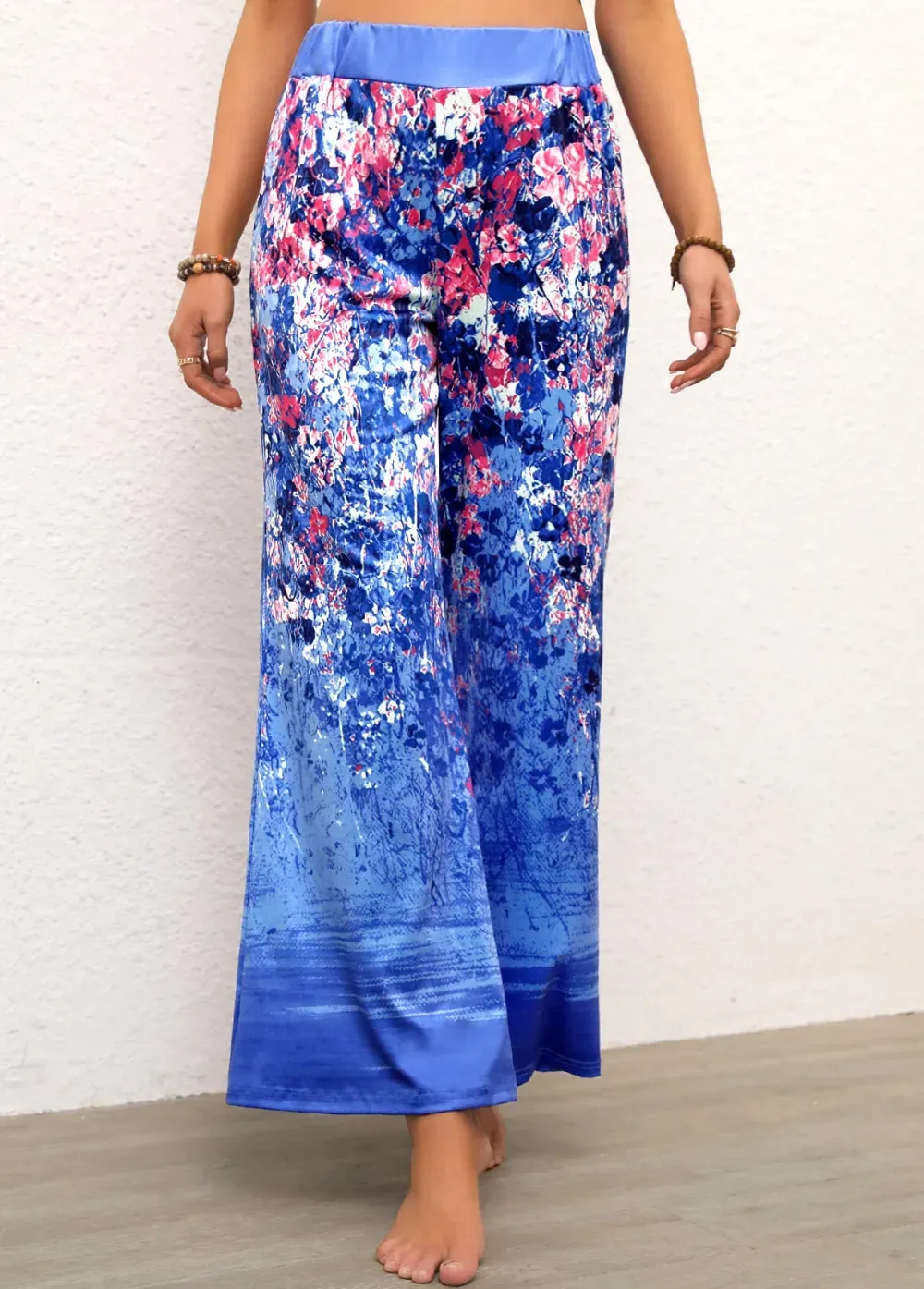 Blue Ditsy Floral Print Elastic Waist Pants