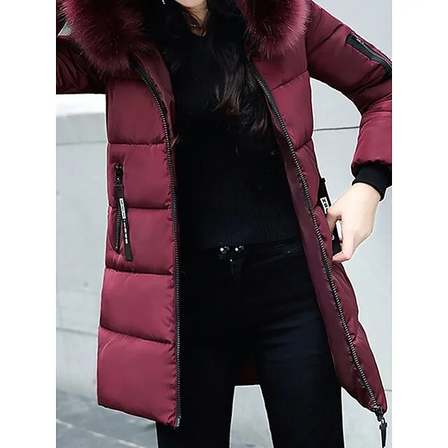 Women's Parka Long Puffer Jacket Windproof Thermal Warm Heated Coat with Pockets Winter Coat with Fur Collar Hood Long Sleeve Full Zip Black White Pink