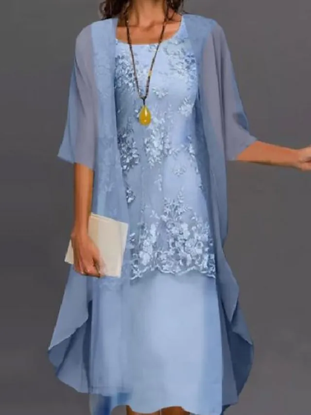 Women's Dress Set Lace Dress Midi Dress Light Blue Green Gray Half Sleeve Floral Embroidered Layered Patchwork Summer Spring Fall Crew Neck Elegant Chinoiserie 2023 M L XL XXL XXXL 4XL 5XL