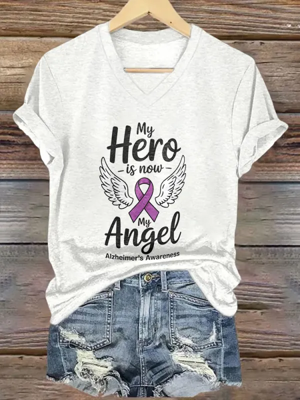 Women'S My Here Is Now My Angel Alzheimer'S Awareness V-Neck T-Shirt