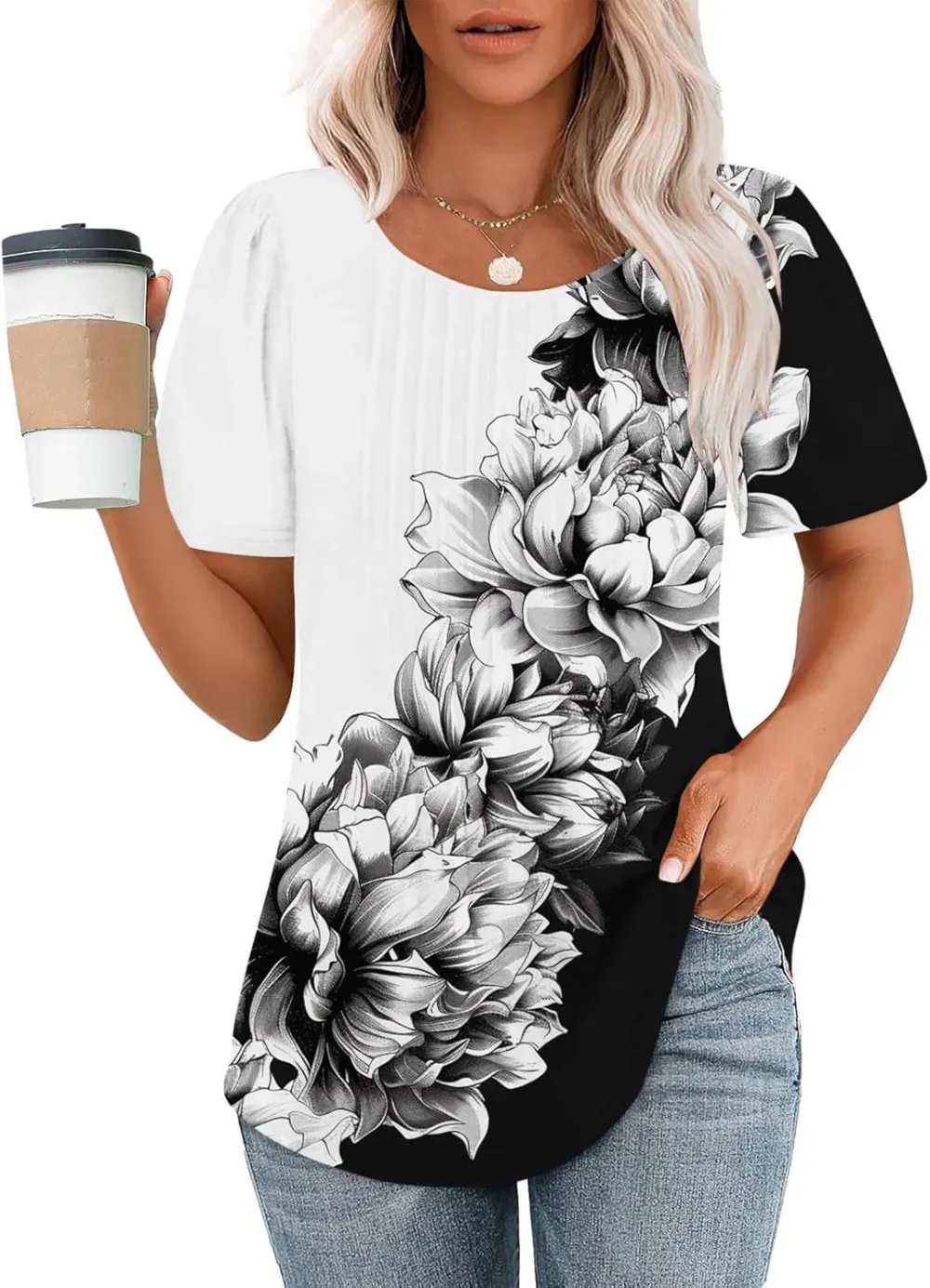 Womens Summer Pleated Front Shirts Tunics Casual Short Sleeved Loose Round Neck Boho Printed Tops Vacation Blouse