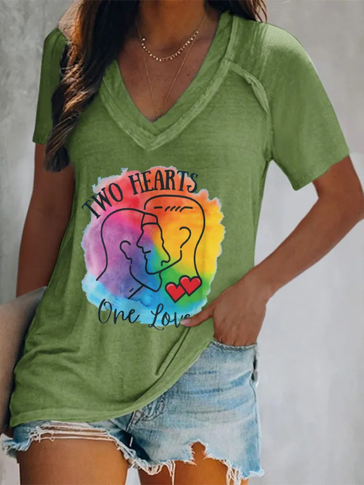 Women'S Two Hearts One Love V-Neck Short-Sleeved T-Shirt