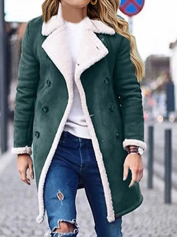 Women's Suede Sherpa Jacket Fall Long Fleece Shearling Jacket Winter Double Breasted Lapel Overcoat Windproof Warm Pea Coat Streetwear Jacket  Modern Casual Outerwear Long Sleeve