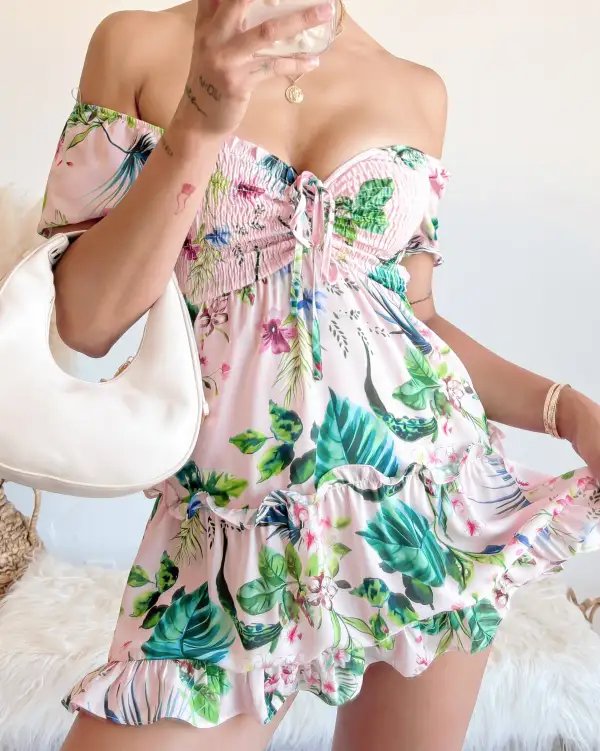 TROPICAL PARADISE OFF SHOULDER DRESS