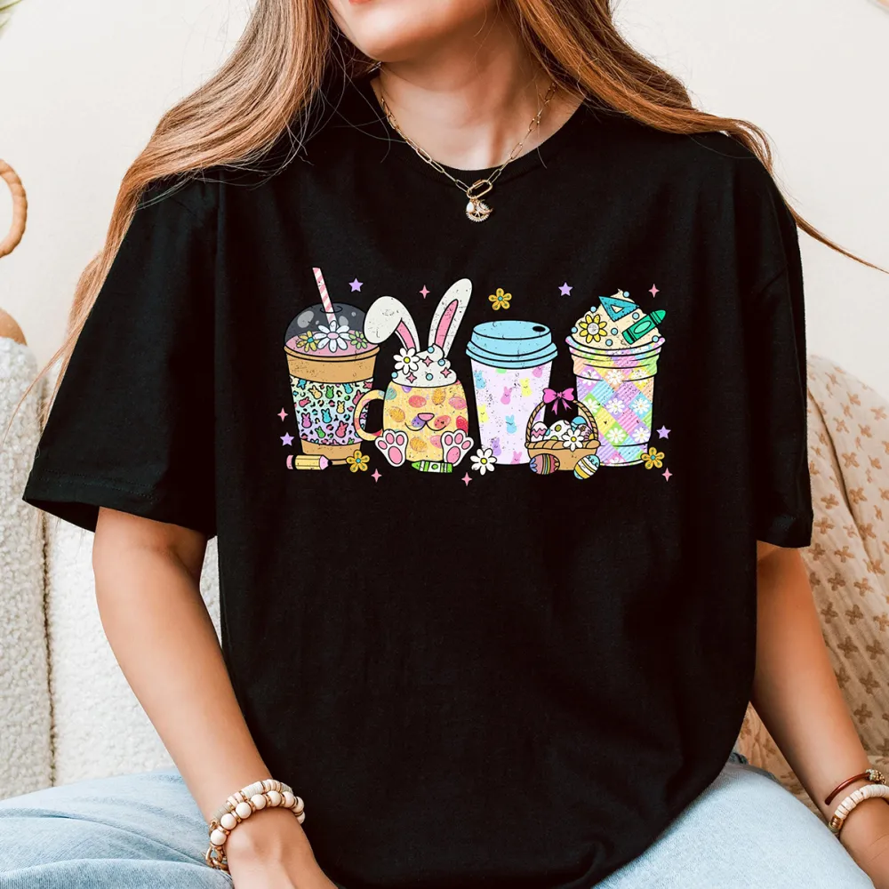 T-shirt The Easter Bunny Needs Some Coffee And Ice Cream Too Women Printed Round Neck Short Sleeve