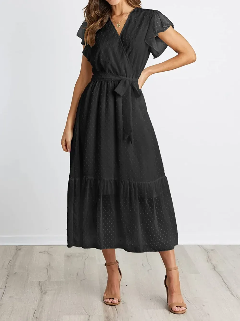 Women Summer Bohemian Floral Casual Wrap V Neck Ruffle Cap Sleeveless Belt A-Line Pleated Hem Swing Midi Sun Dress