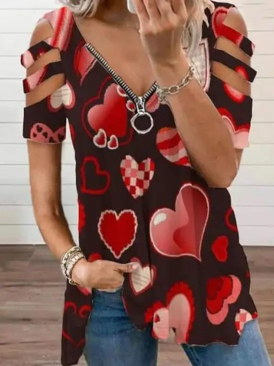 Women Short Sleeve V-neck Floral Printed Geometric Top