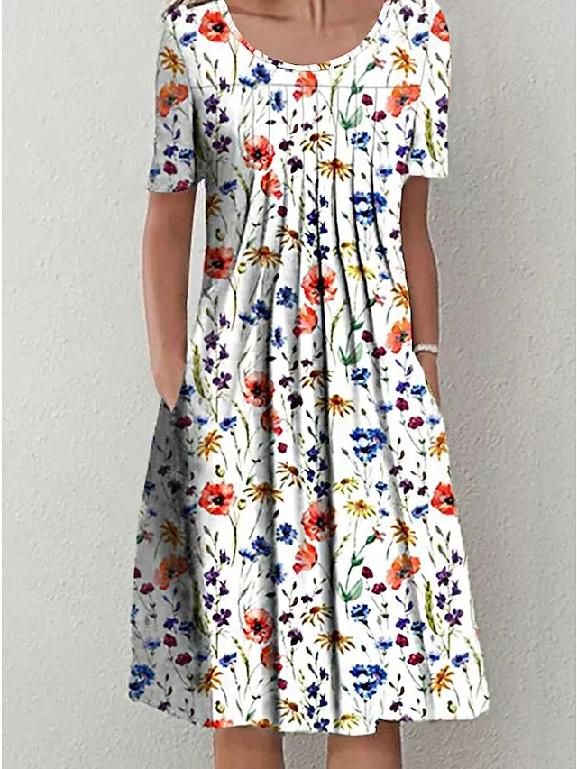 Women's Casual Dress Floral Dress Midi Dress White Short Sleeve Floral Ruched Spring Summer Crew Neck Basic Daily Vacation Weekend 2023 S M L XL XXL 3XL
