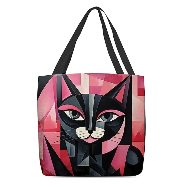 Women's Tote Shoulder Bag Canvas Tote Bag Polyester Oxford Cloth Shopping Holiday Print Large Capacity Foldable Lightweight Cat Black / Red Custom Print Light Pink