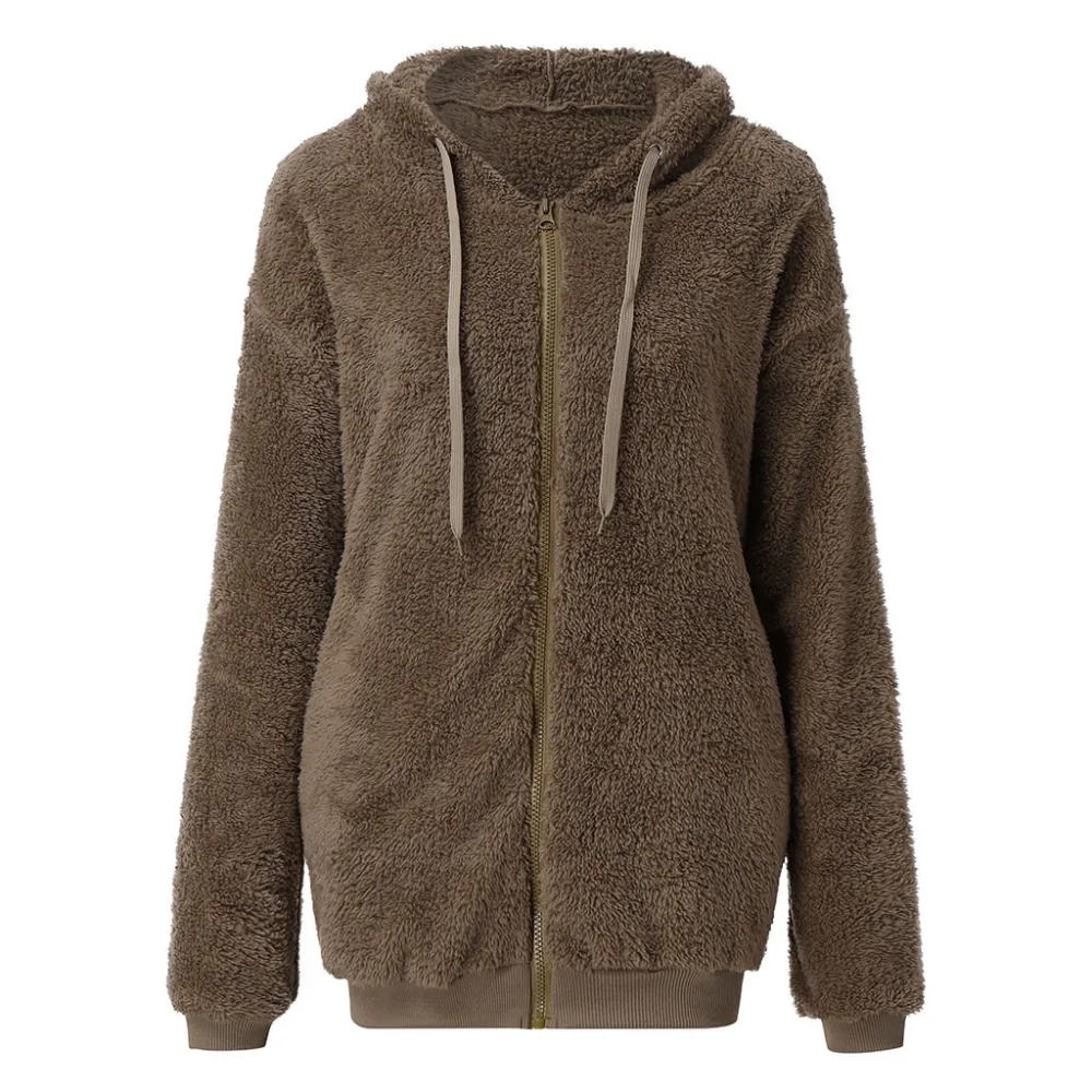 Solid Plush Drawstring Hooded Zip Coat