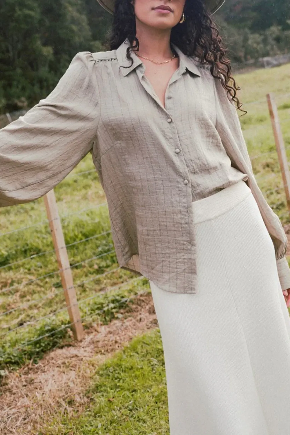 Khaki Stripe Lace Insert Blouse