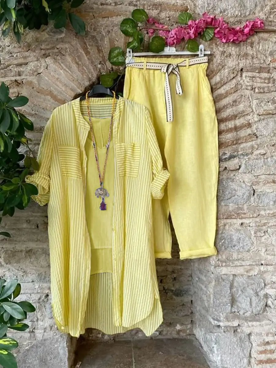 Casual Top And Pants With Stripe Cardigan Three-piece Set