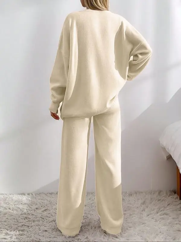 Women's Solid Color Off-Shoulder V-Neck Cardigan & Wide-Leg Pants 2-Piece Loungewear Set