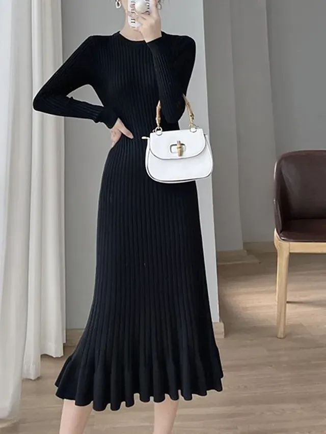 Women's Sweater Dress Knit Dress Jumper Dress Midi Dress Knitwear Elegant Fashion Pure Color Outdoor Daily Vacation Going out Crew Neck Long Sleeve Ruffle Patchwork 2023 Regular Fit Black Pink Beige