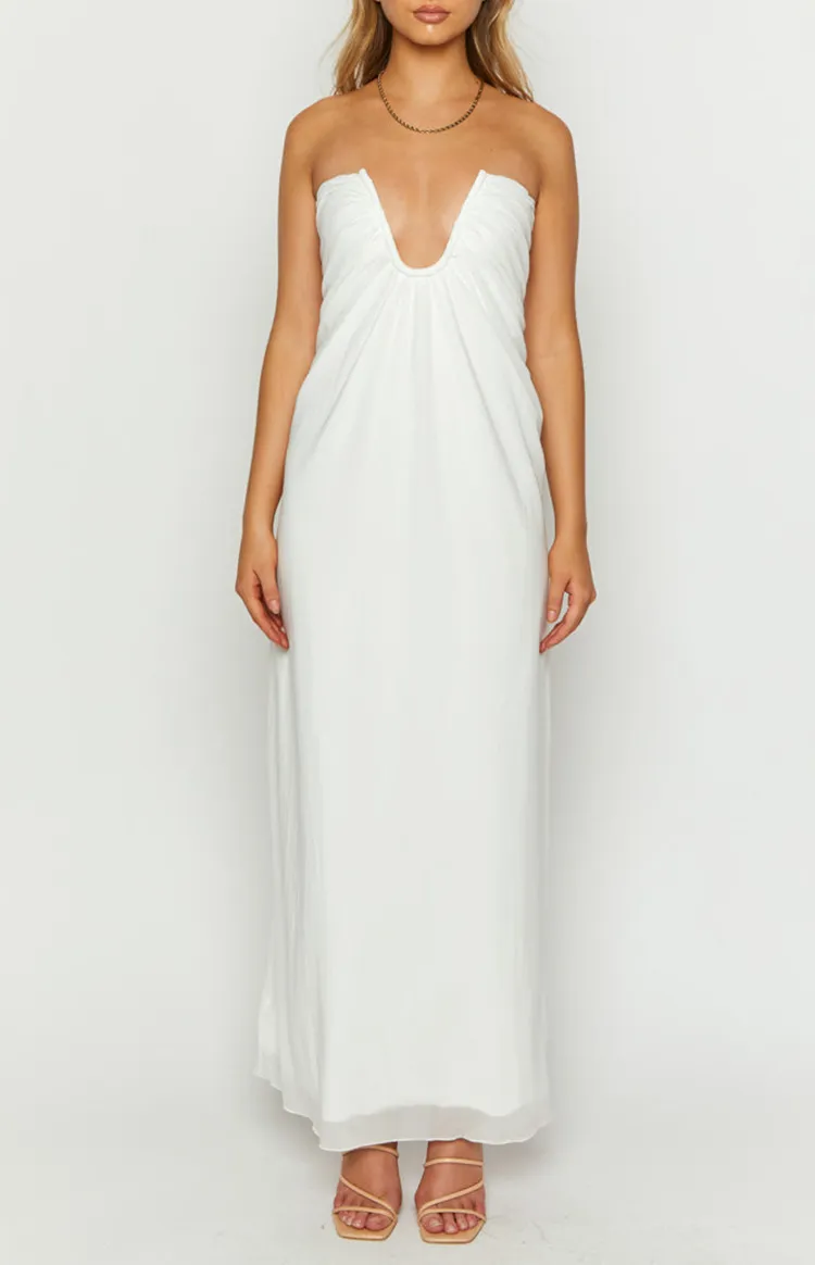 Deep V-Neck White Flowy Maxi Dress