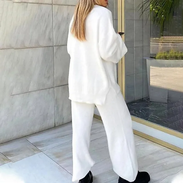 Women's Fleece Lounge Sets 2 Pieces Solid Color Fluffy Fuzzy Warm Pajama V Neck Long Sleeve for Fall Winter White S 3XL