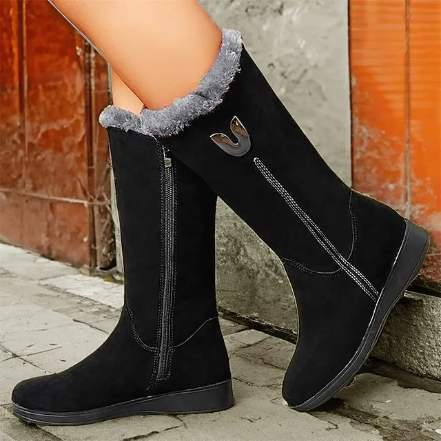 Women's Boots Suede Shoes Snow Boots Furry Feather Athletic Walking Fleece Lined Mid Calf Boots Winter Buckle Zipper Flat Heel Wedge Heel Round Toe Vintage Plush Classic Faux Suede Zipper Solid Color