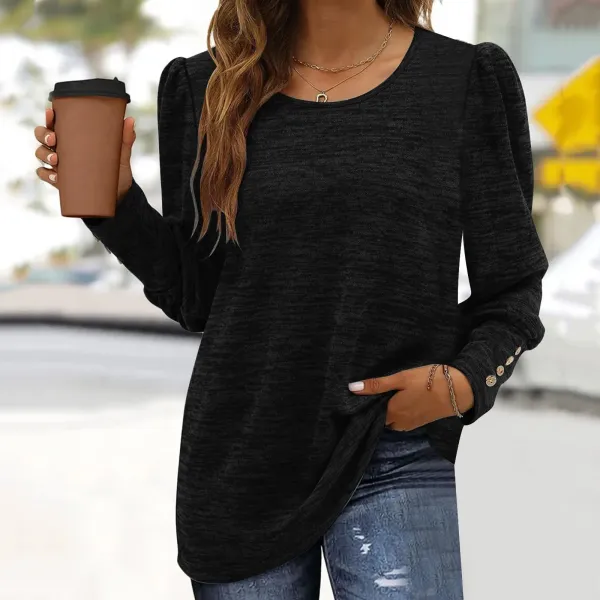 Loose Casual Button Crew Neck Long Sleeve T-Shirt