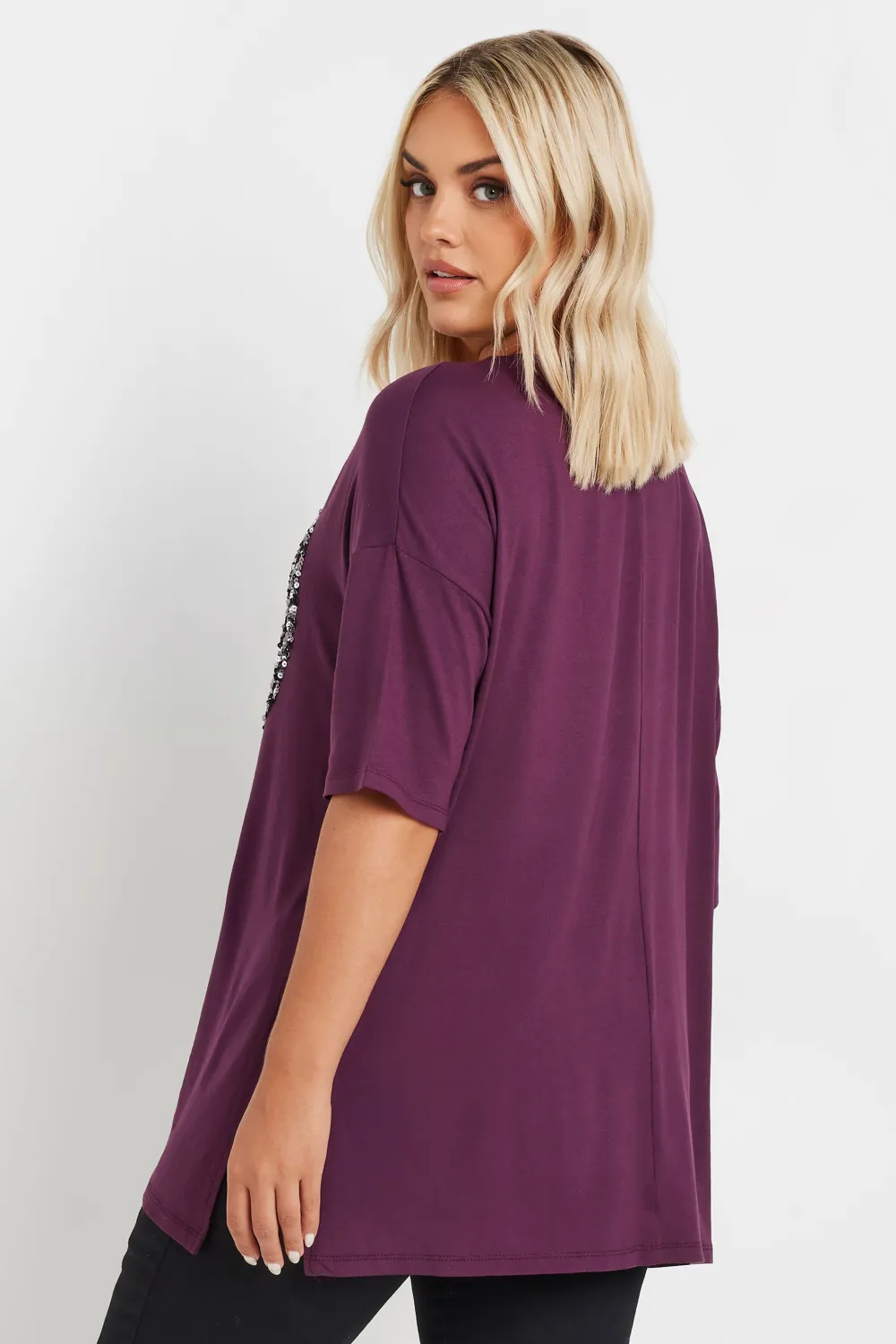 YOURS Curve Purple Heart Sequin Embellished T-Shirt
