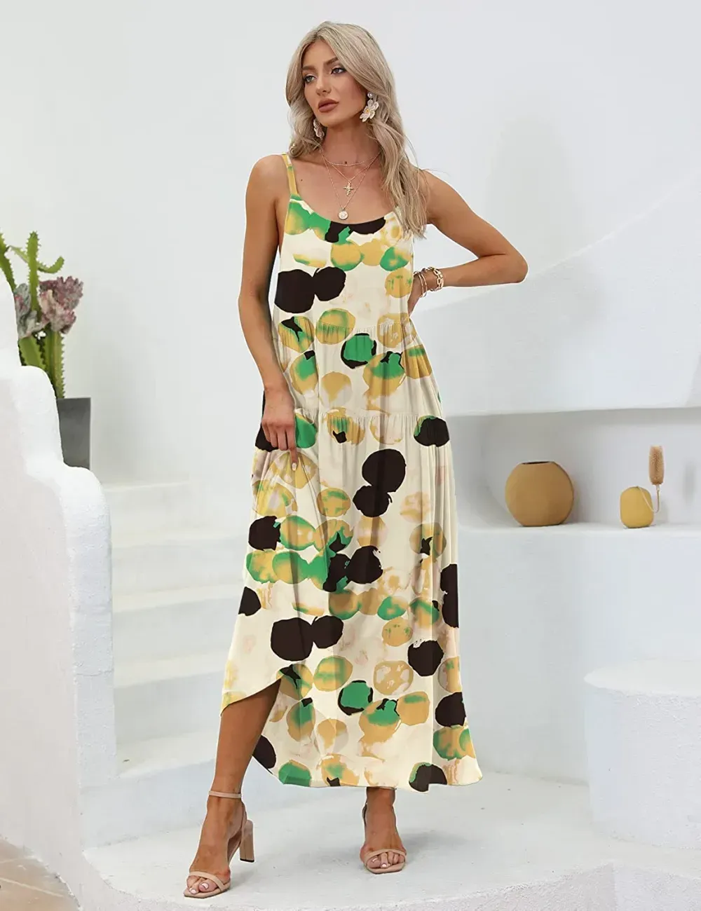 Summer Dresses for Women Casual Loose Bohemian Floral Dress with Pockets Spaghetti Strap Maxi Dress E75