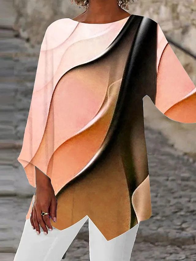 Women's Shirt Blouse Yellow Pink Purple Graphic Abstract Asymmetric Print Long Sleeve Casual Basic Neon & Bright Round Neck Regular Fit Spring Fall