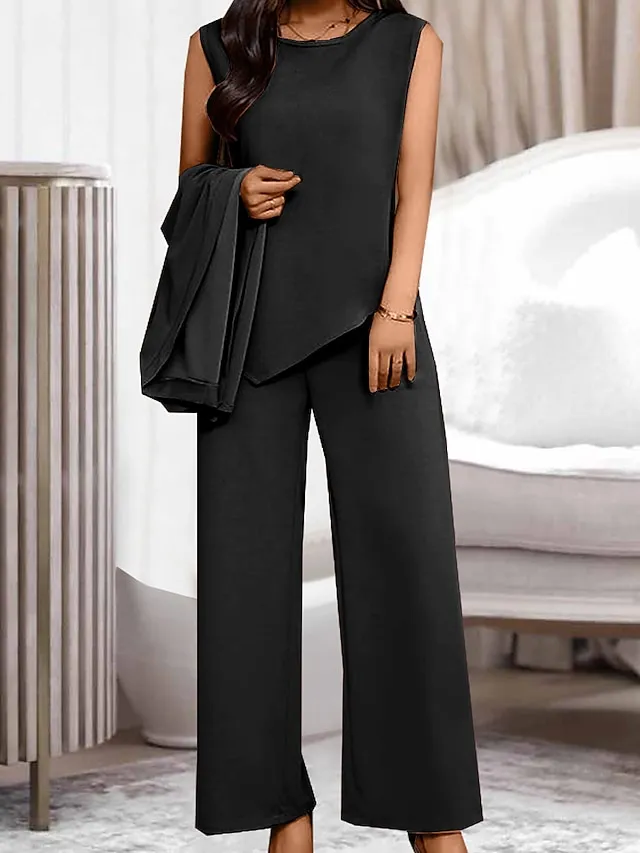 Women's Loungewear Sets 3 Pieces Pure Color Fashion Casual Comfort Street Daily Date Polyester Breathable Crew Neck Long Sleeve Pant Pocket Summer Spring Black Wine