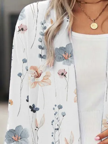Floral Lapel Collar Casual Knitted Kimono
