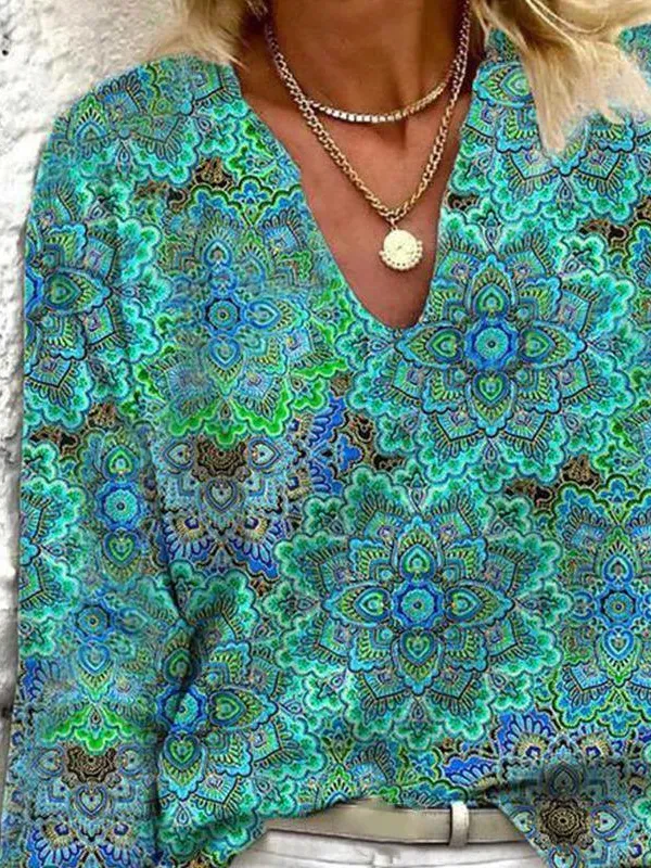 V Neck Floral Vacation Casual T-Shirt/Tee