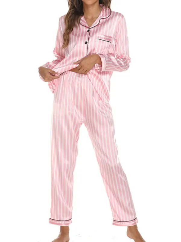 Women's Pajamas Sets Nighty Pjs 2 Pieces Heart Stripe Fashion Comfort Home Satin Lapel Long Sleeve Pant Button Fall Spring Light Pink Green / Silk / Flower / Feather
