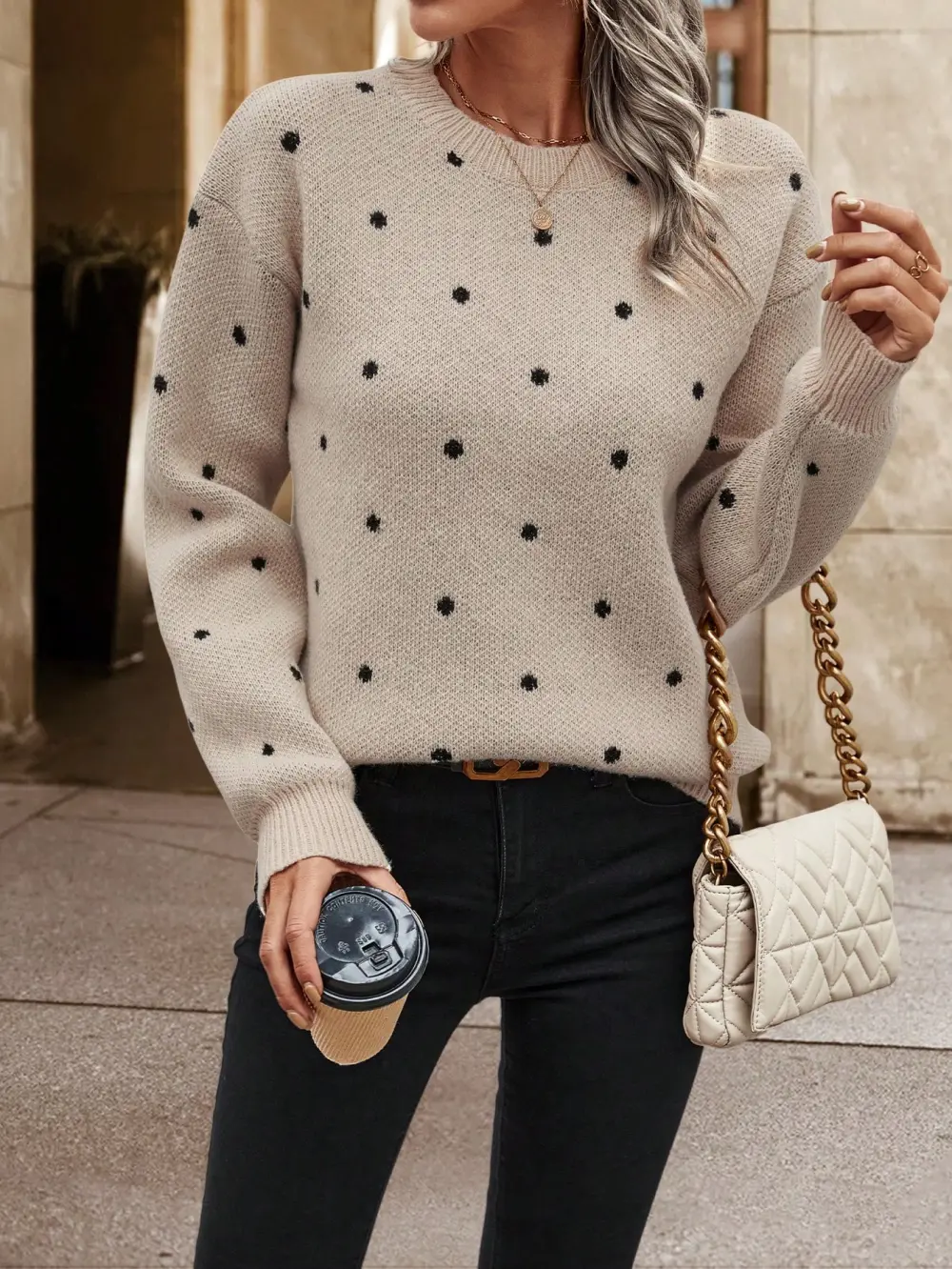 Polka Dot Pattern Drop Shoulder Sweater