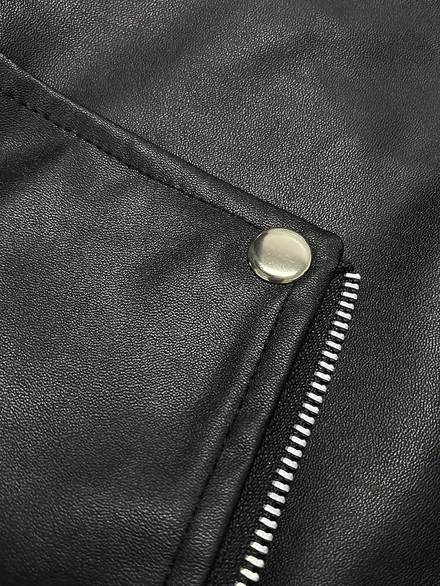 Women's Faux Leather Jacket Fall Moto Biker Coat Waterproof Street Wear with Pocket Zipper Turndown Casual Outerwear Long Sleeve Winter Windproof Black Blue Wine M L XL