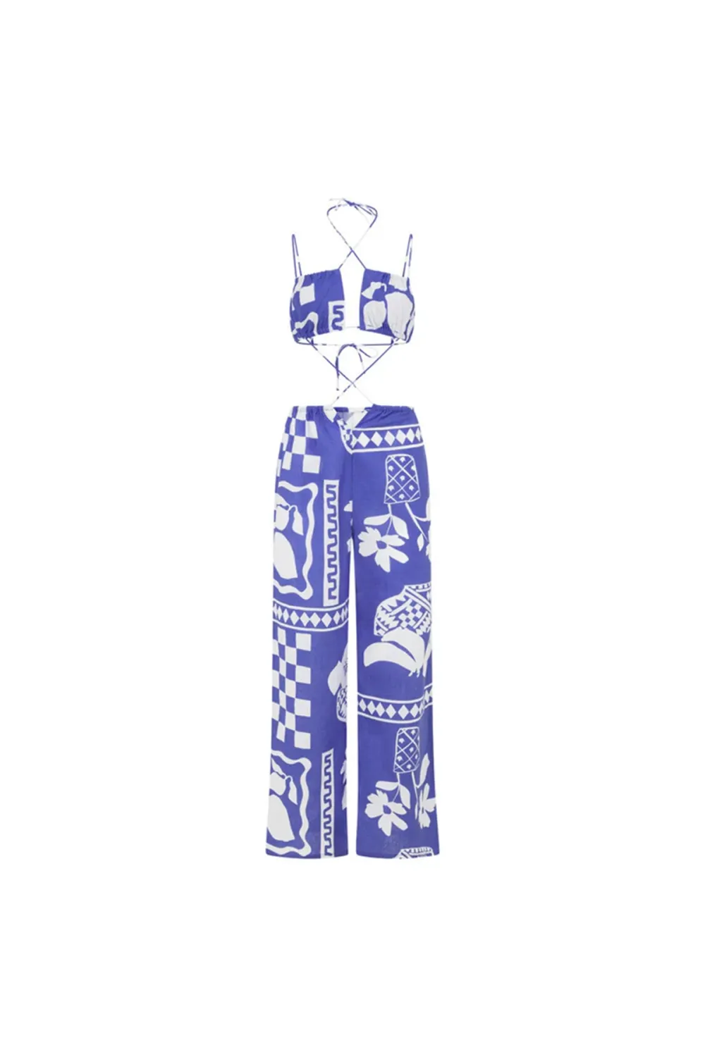 Backless Geometric Print Halter Jumpsuit