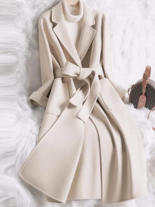 Women's Winter Coat Coat Warm Breathable Outdoor Daily Wear Vacation Going out Pocket With Belt Single Breasted Turndown Active Fashion Comfortable Street Style Solid Color Regular Fit Outerwear Long