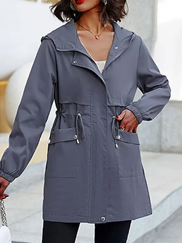 Women's Trench Coat Fall Outdoor Zipper Plain Breathable Streetwear Regular Fit Outerwear Long Sleeve Black M